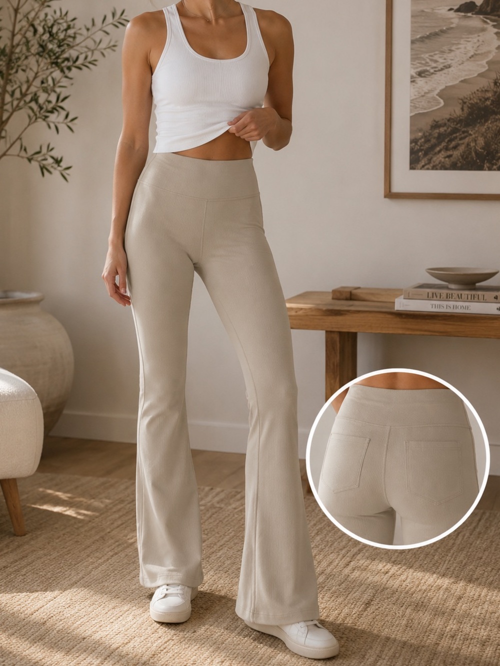 Offline by Aerie Beige Flare Leggings Ribbed Yoga Pants M